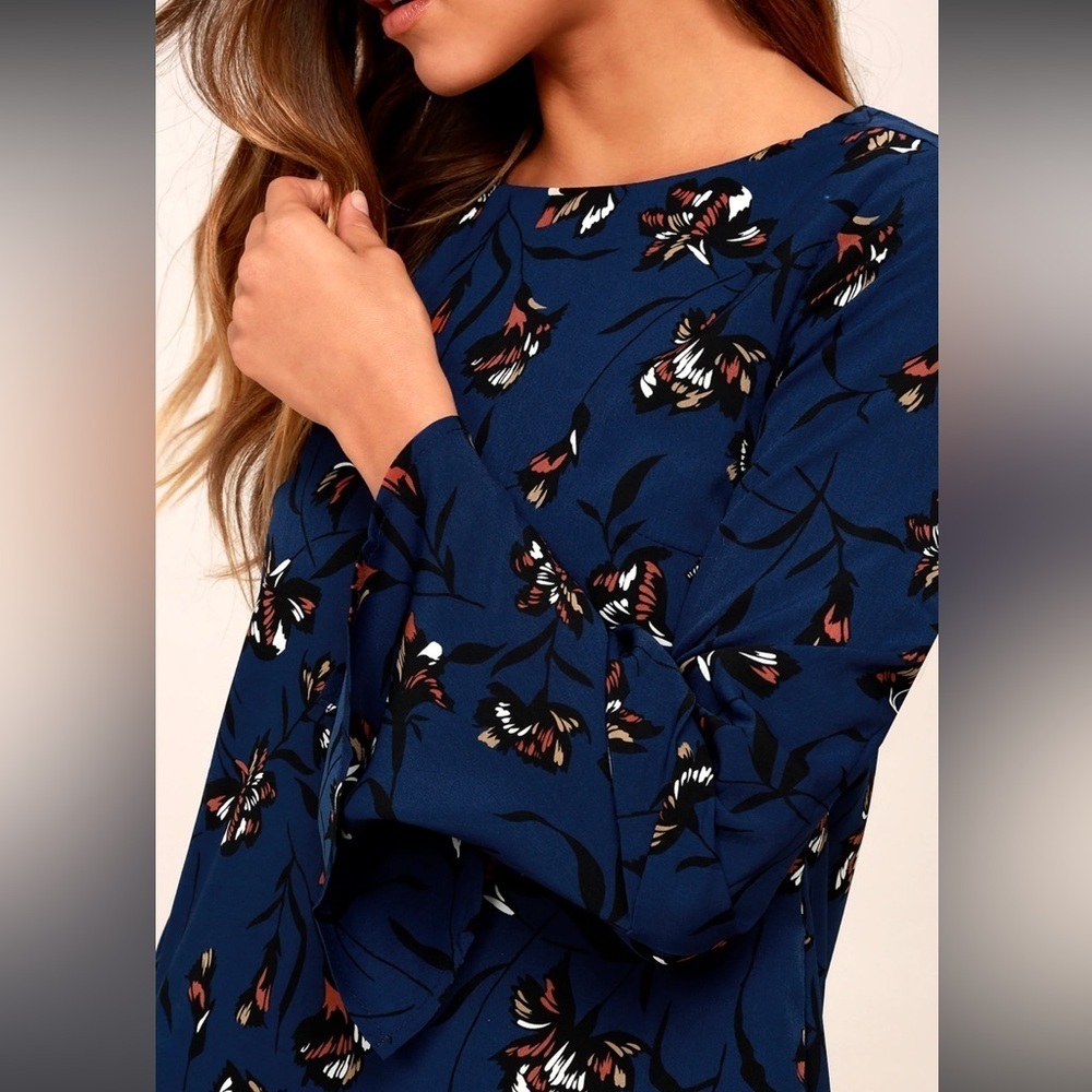 Lulu’s Pleasant Valley Navy Blue Floral Print Long Sleeve Shift Dress small - Picture 2 of 8